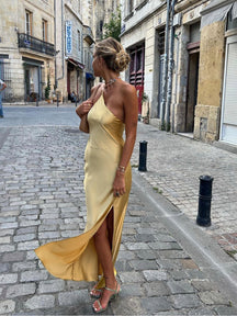 Vestido Longo de Cetim com Fenda nas Costas - Sunset
